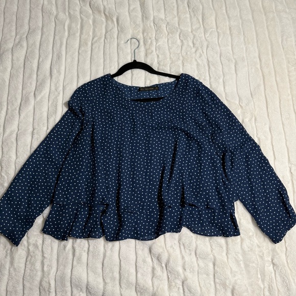 Zara Tops - ZARA BASIC Navy Blue White Dot Ruffle Tiered Long Sleeve Blouse Top Women L
